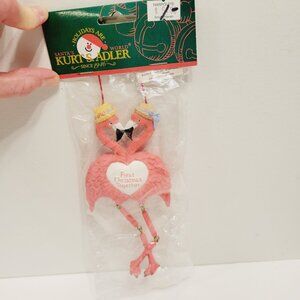 Kurt Adler Kissing Pink Flamingos First Christmas Together Wooded Ornament